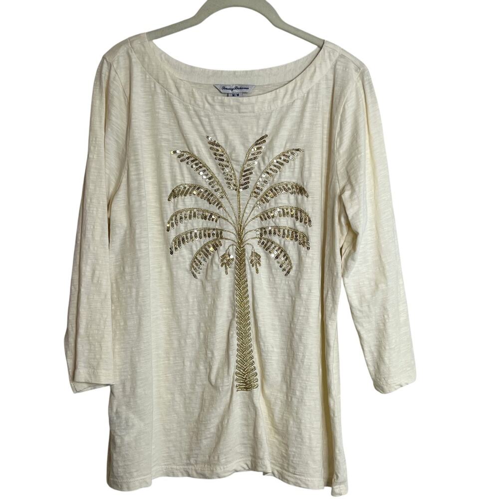 Tommy Bahama Embellished Palm Tree Top Size M Ivory Gold Sequins Tropical